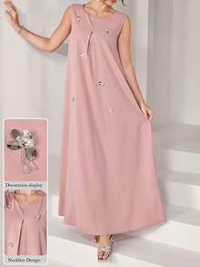 Al Najma Đầm xòe không tay cổ tròn họa tiết hoa 3D thanh lịch, thích hợp cho mùa xuân/hè. - Bụi hồng - Xem 8
