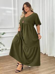 SHEIN CURVE+ 大码长款沙滩度假连衣裙 波西米亚风 夏季/乡村/沙滩度假装/沙滩装/沙滩服饰 - 軍綠色 - 查看 7