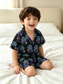 两件套幼儿男童时尚休闲舒适柔软黑色、蓝色、绿色英文数字和卡通印花短袖上衣和短裤睡衣套装，家居服 - 彩色 - 查看 7