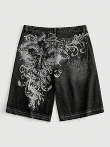 ROMWE MEN Street Life Pantalones cortos vaqueros versátiles para hombres con lavado pesado y estampado vintage, de corte recto y holgado - Negro - Ver 1