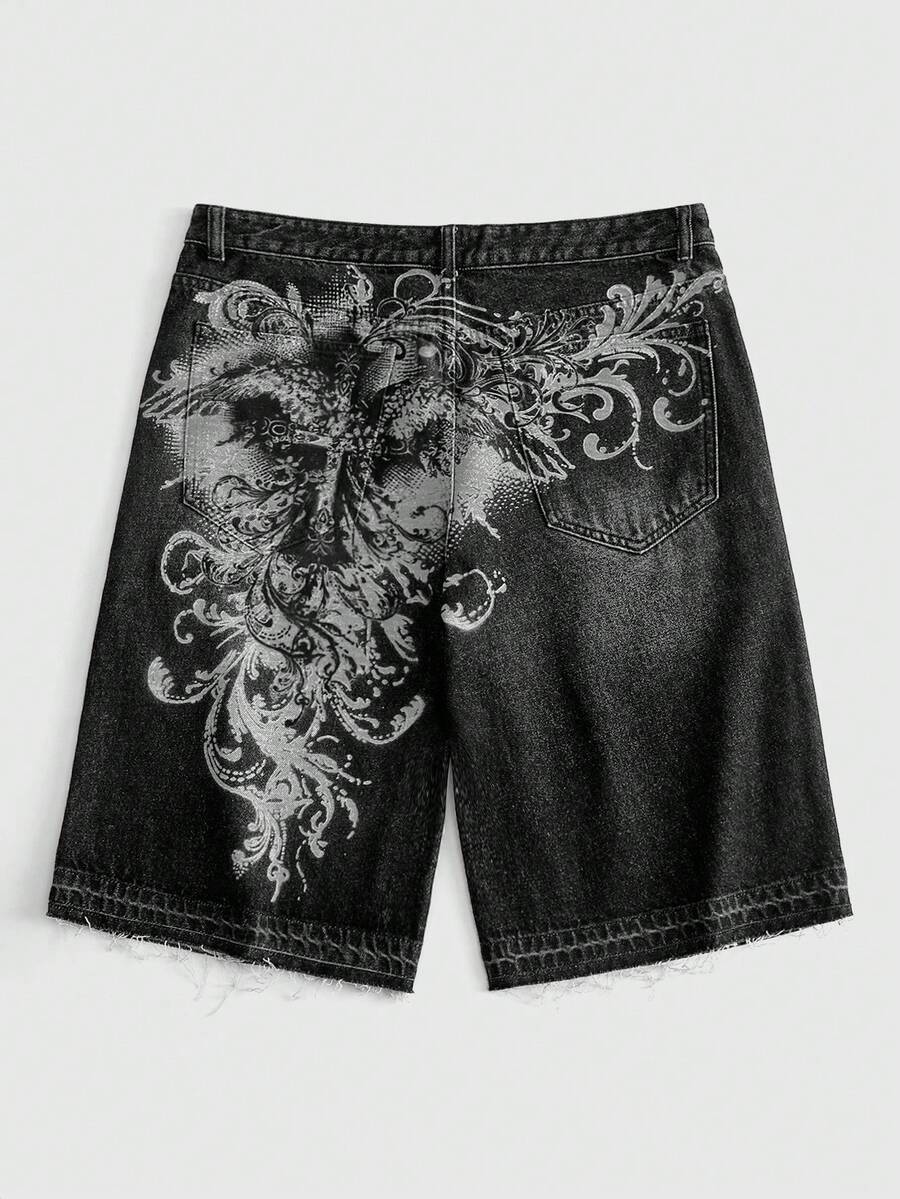 ROMWE MEN Street Life Pantalones cortos vaqueros versátiles para hombres con lavado pesado y estampado vintage, de corte recto y holgado - Negro - Ver 1