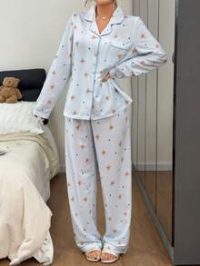 Napfluff Bộ đồ ngủ nữ gồm áo khoác cardigan cổ bẻ in hình gấu hoạt hình dễ thương và bộ đồ ngủ có ve áo. - Xanh da trời - Xem 6
