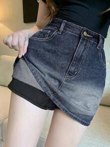 FRIFUL Chân váy denim nữ kiểu dáng thường ngày, đa năng, có túi xéo và lớp lót, thích hợp cho mùa hè. - Màu xanh lam - Xem 6