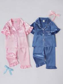 女婴彩色短裤长裤套装（2件套），带蝴蝶结刺绣和荷叶边下摆，家居服，春夏款 - 彩色 - 查看 7