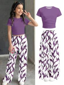Tween Girl Ruched Fitted Short Sleeve T-Shirt & Geometric Print Pants 2-Piece Set, Casual Daily Fashion, Retro Color Blocking - White - View 2