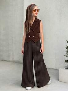 SHEIN Nova Glow 少女都市校园风 V 领无袖背心上衣和阔腿褶皱长裤套装 - 咖啡棕 - 查看 5