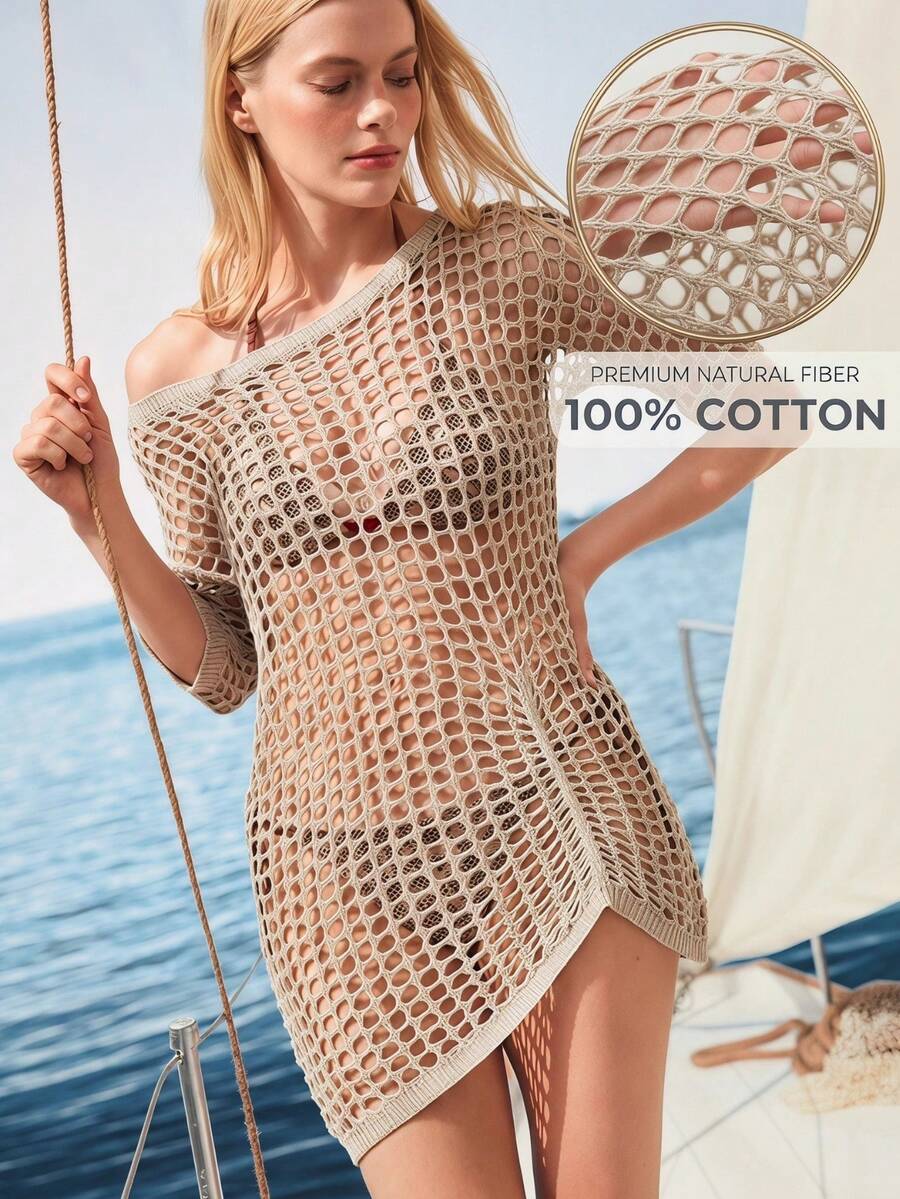 Zovinel Áo len dài tay cổ tròn, tay dài, màu kaki, họa tiết hoa rỗng, thời trang, thanh lịch, tối giản, thích hợp cho kỳ nghỉ, đi biển, du lịch, vai bất đối xứng, chất liệu nhẹ.