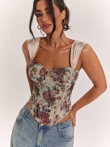 SHEIN BAE Blusa elegante de jacquard floral para mujer - Multicolor - Ver 3