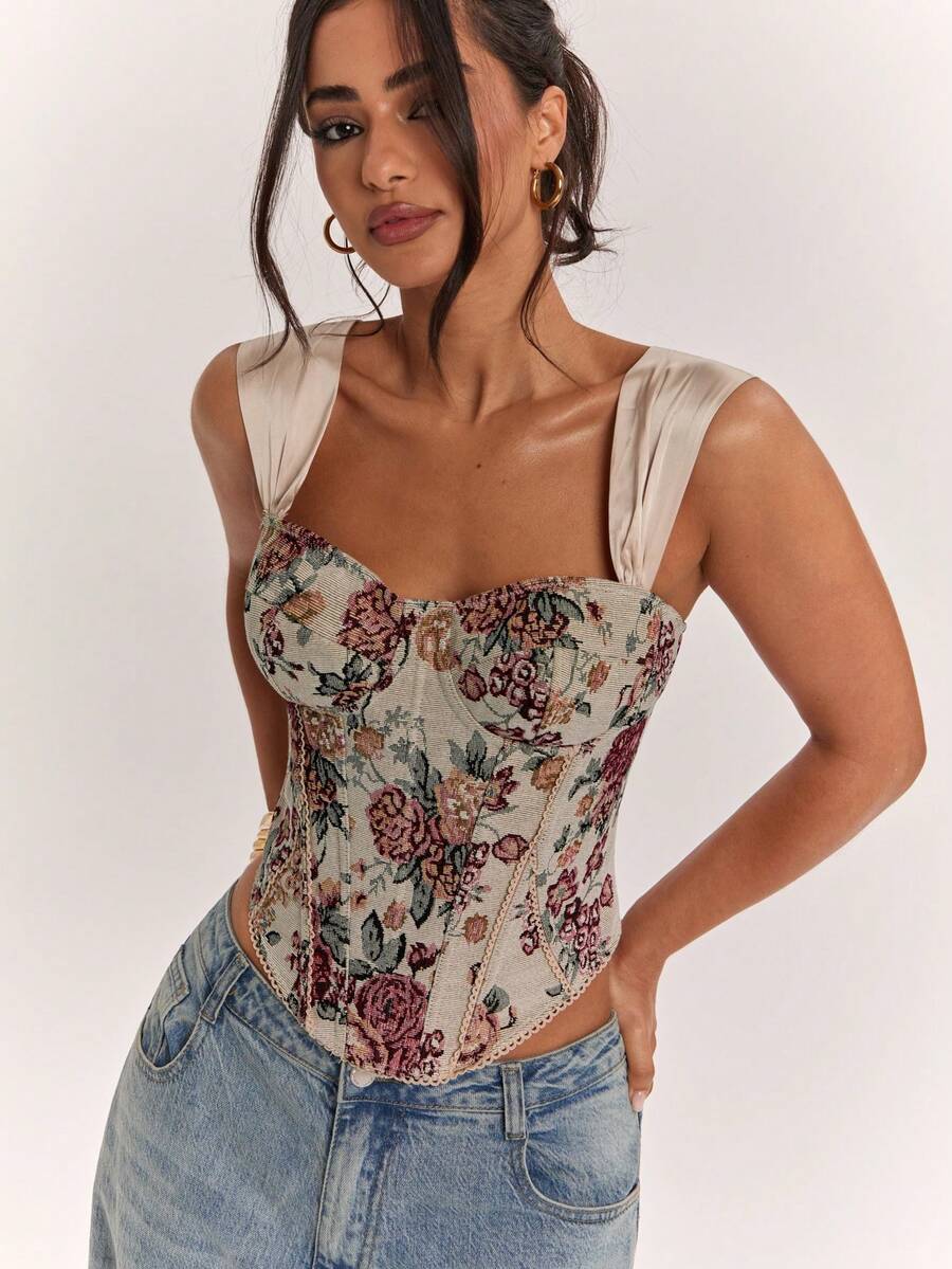 SHEIN BAE Women's Floral Jacquard Elegant Blouse,Summer Top - Multicolor - View 1