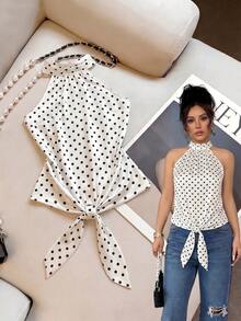 SHEIN Top sin mangas de verano para mujer con cuello halter y estampado de lunares (corte irregular impreso) - Blanco y Negro - Ver 1