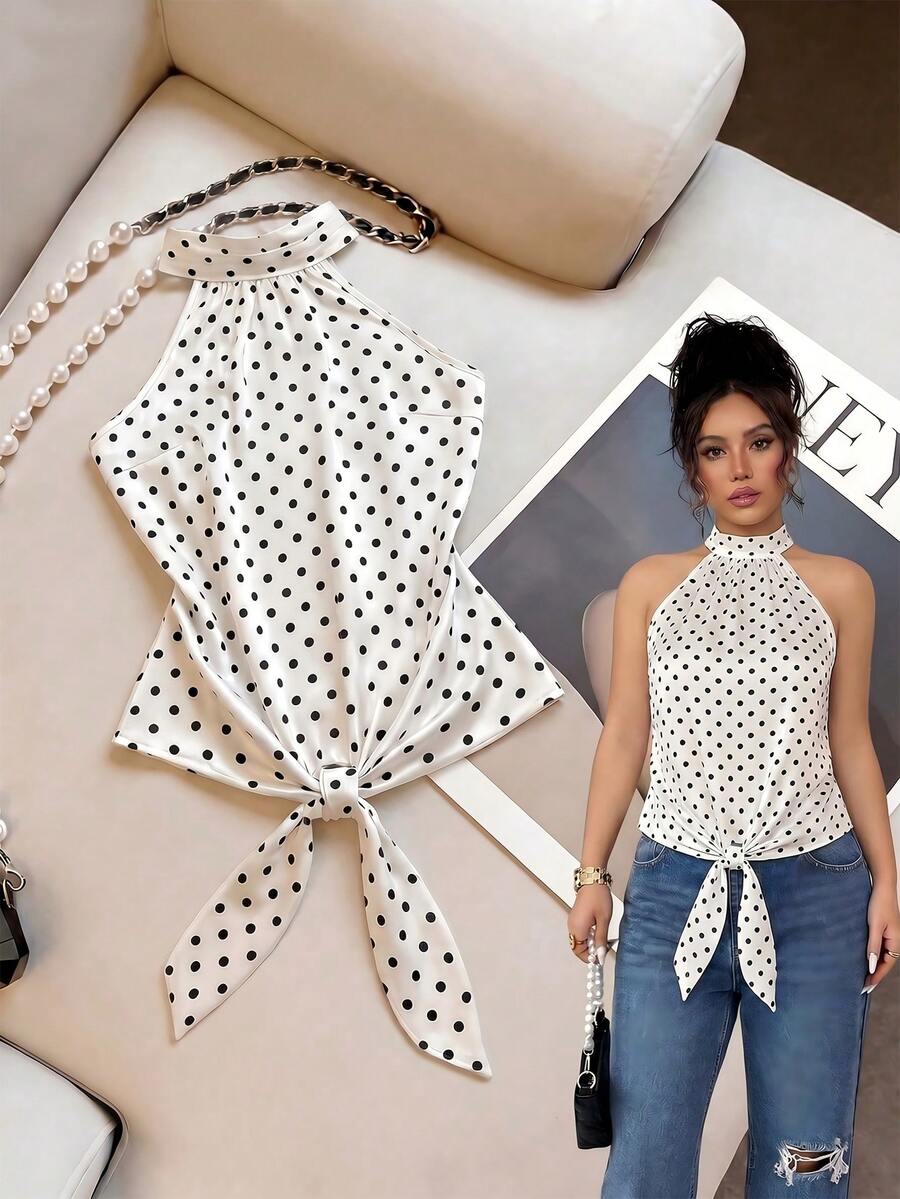SHEIN Top sin mangas de verano para mujer con cuello halter y estampado de lunares (corte irregular impreso) - Blanco y Negro - Ver 1