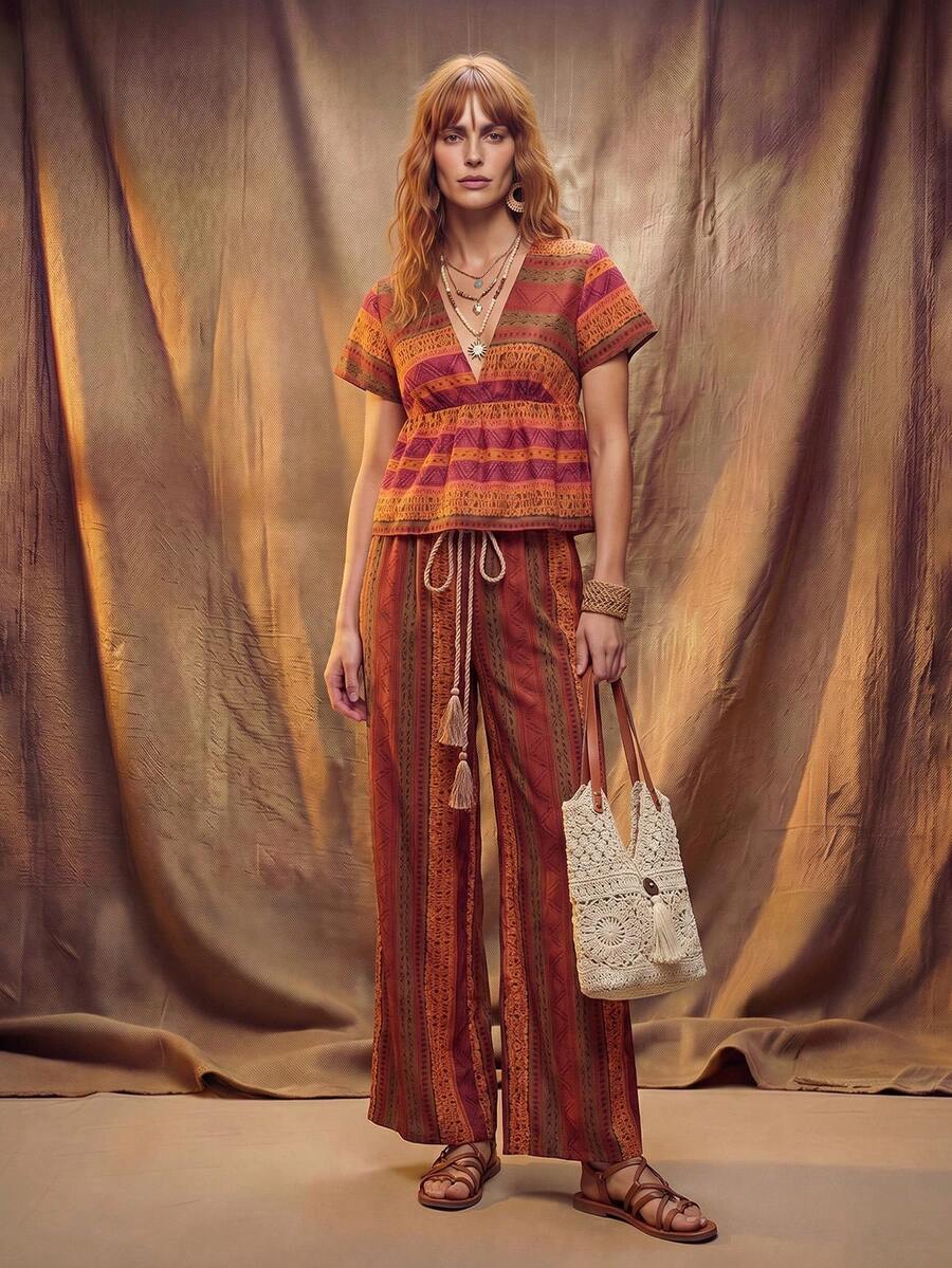 Fembélia 2026 New Red Bohemian Print Short Sleeve Wide Leg Pants 2 Pieces Set For Women - Multicolor - View 1