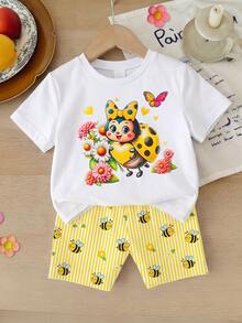 Bộ áo thun và quần short kẻ sọc in hình ong hoạt hình dành cho bé gái. - Nhiều màu - Xem 3
