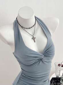 Elamini Bodysuit Feminino Decote em V com Nó na Frente, Minimalista e Sexy, Primavera/Verão - Azul Empoeirado - Visão 6
