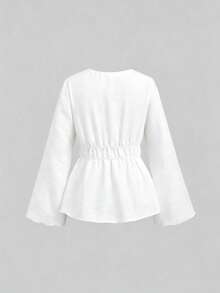 Sweetra Áo nữ màu trơn cổ chữ V sâu, xếp ly, kiểu dáng thường ngày, đa năng. - trắng - Xem 2