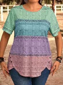 EMERY ROSE Plus Size Women Round Neck Color Block Casual Everyday Short Sleeve T-Shirt - Multicolor - View 4