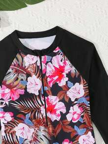 SHEIN 少女碎花长袖连体泳衣，适合海滩度假、泳池派对、沙滩派对 - 白色 - 查看 5
