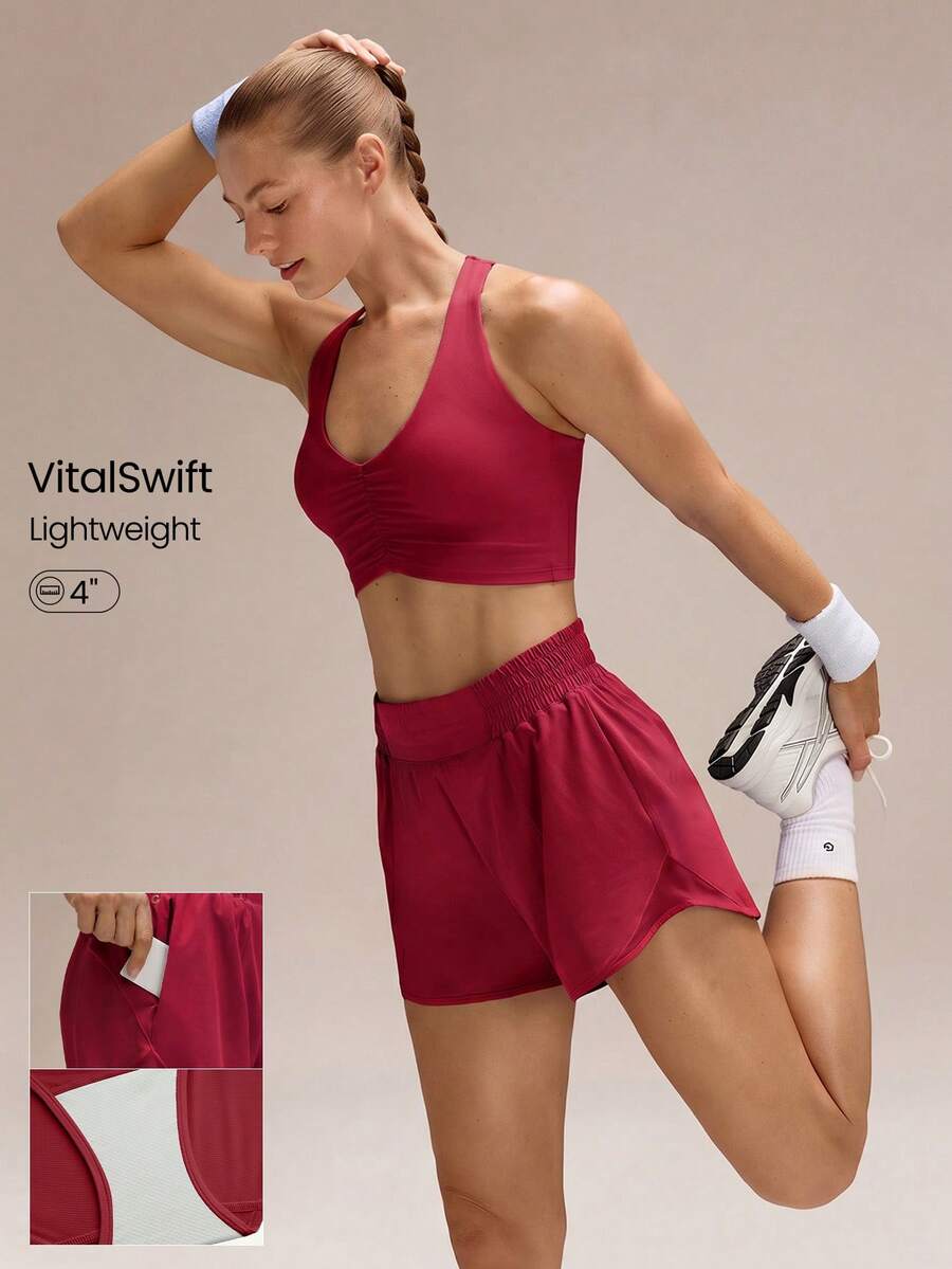 GLOWMODE 4" RefreshRun Shorts VitalSwift Quick-Dry Ultralight Mid-Rise Waist Drawstring Waist Reflective Running Shorts With Built-In Anti-Odor Underwear Zip Pocket High Impact Workout Running Training - Maroon - View 1