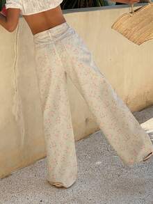 DAZY Quần jeans ống rộng dáng suông họa tiết hoa nhí dành cho nữ, phong cách lãng mạn mùa hè, thích hợp cho kỳ nghỉ biển. - trắng - Xem 2
