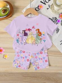 Summer Baby Girl Casual Multi-Piece Set, Brown & Apricot Leopard Print Cartoon Rabbit Pattern, Round Neck Short Sleeve T-Shirt & Shorts - Multicolor - View 3