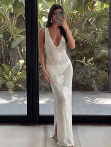 EURMUSE Hollow Out Beachwear Cover Up Dress - Apricot - View 2