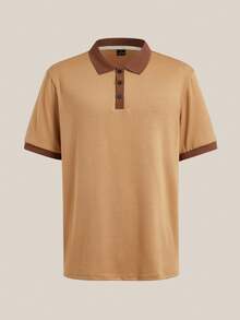 Courvante Men's Summer Khaki Colorblock Polo Shirt, Short Sleeve Knit Button Front Contrast Trim, Old Money Casual Beach Vacation Outfit Gift - Khaki - View 3