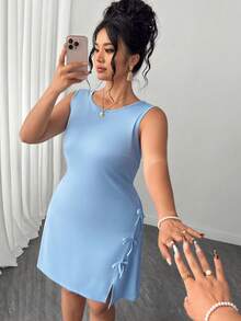 Elenzga Vestido azul elegante y exquisito de talla grande con decoración de lazo para primavera, verano y otoño, ideal para uso diario, vacaciones y ocasiones casuales - Azul - Ver 7