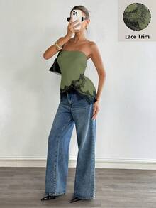 Siren Gaze Áo quây bằng satin mờ viền ren - màu xanh lá - Xem 5