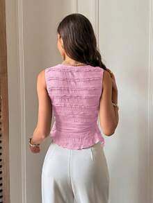 Serisse 女士甜美百搭深V领荷叶边系带衬衫 - 粉色 - 查看 2