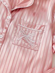 2-Piece Girls Kids Summer Pink Stripe Cute Nighties,Lapel Collar Short Sleeve Ruffle Trim Satin Pajamas Set,Ice Silk Sleepwear Loungewear Homewear - Dusty Pink - View 6
