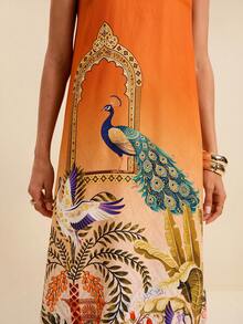 LOTSLUV Women's Orange Summer Boho Tropical Casual Elegant Dress, Ombre Print With Halter Neck Tie,Peacock,Floral Architecture Prints Vacation - Multicolor - View 5