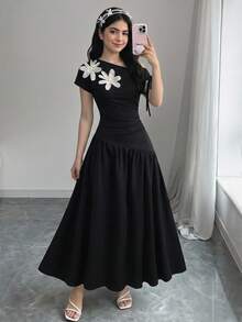 SHEIN 少女黑色纯色不对称肩部褶皱蝴蝶结松紧腰休闲优雅通勤3D花卉装饰长裙，适合春夏户外穿着 - 黑色 - 查看 7