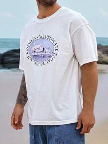 DAZY Men's Short Sleeve T-Shirt With Yacht & Letter Print - White - View 3