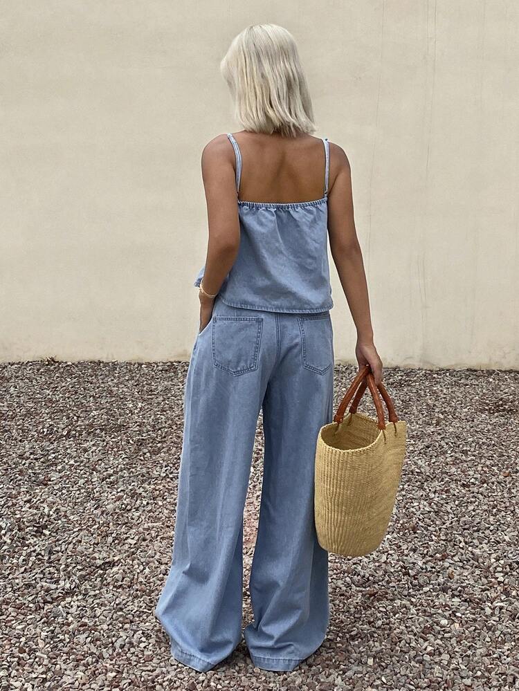 Women's Casual Vacation Style Sleeveless Dress And Straight Leg Jeans Set, Spring/Summer