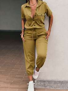 EMERY ROSE Women's Elegant Casual Button Decor Pocket Loose Top And Slim Fit Ankle-Length Jumpsuit, Spring/Summer Travel Mustard Yellow - Yellow - View 3