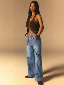Athîral Denim Quần jeans nữ dáng rộng, ống thẳng, in họa tiết - Rửa nhẹ - Xem 5
