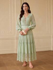 ZEYLAH V-Neck Lace Patchwork Pleated A-Line Dress, Spring/Summer - Mint Green - View 3
