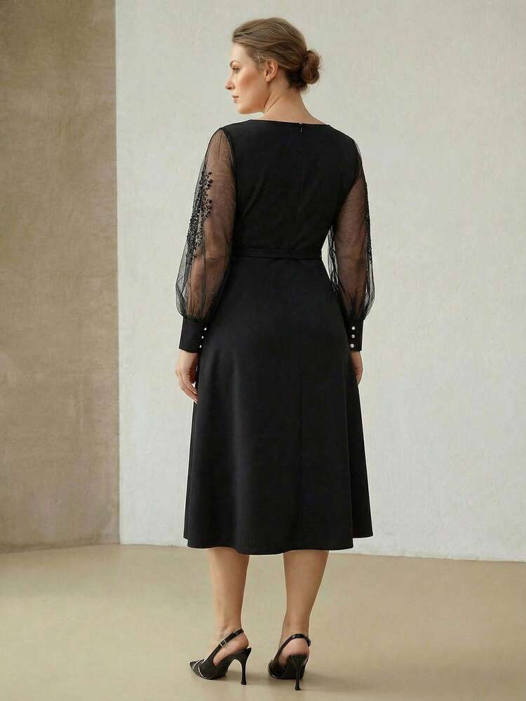 PLUS SIZE WOMEN EMBROIDERED LONG SLEEVE PARTY COCKTAIL DRESS, SPRING/SUMMER