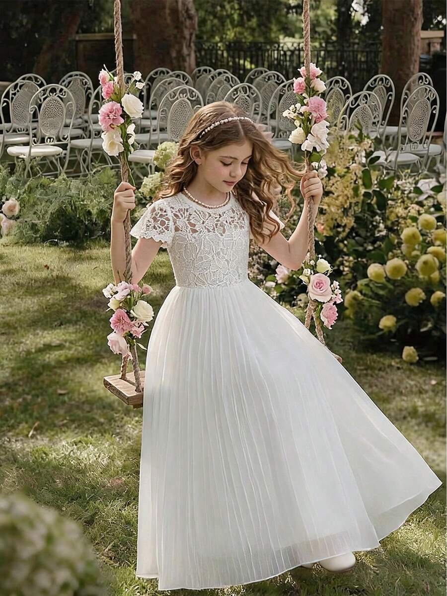 SHEIN Đầm chiffon không tay màu trơn thanh lịch với khóa kéo sau lưng bằng ren rỗng, kiểu dáng lãng mạn, phù hợp cho bé gái tuổi teen, thích hợp cho đám cưới, lễ tốt nghiệp, mùa xuân/hè, đầm maxi dài xếp ly đa năng. - trắng - Xem 1