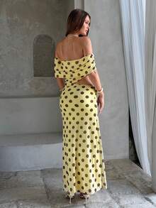 Firerie Vestido largo súper elegante y sexy con estampado de lunares marrones sobre base amarilla, con hombros descubiertos, fruncido y calado. Adecuado para vacaciones, invitada de boda, vestido de cumpleaños, salida, ceremonia de graduación, regreso a casa, vacaciones, fiestas y otras ocasiones. - Multicolor - Ver 9
