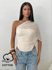 SHEIN BAE Áo liền thân màu mơ, vai lệch bất đối xứng, thanh lịch dành cho nữ, áo liền thân ôm sát tối giản, áo liền thân mùa thu/đông, áo màu mơ, áo liền thân kiểu xếp ly, vai lệch. - Màu be - Xem 3