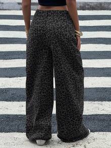 Dazy Tall Jeans casuales de pierna recta con estampado de leopardo para mujeres altas - Gris Oscuro - Ver 2