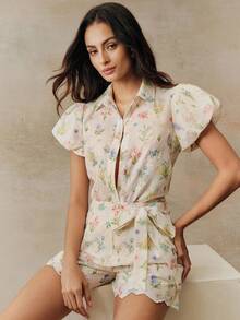 Anewsta Refreshing Versatile Spring/Summer White Base Floral Embroidery Petal Sleeve Shirt & Shorts Set - Apricot - View 7
