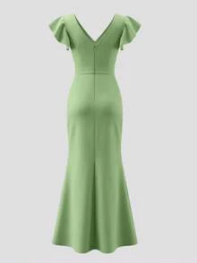 Qadelle Elegant Sage Green Summer Dining Dress,Deep V-Neck Waist Cinched Metallic Rhinestone Decor Ruffle Sleeves Asymmetric Slit Pleated Formal Gown - Mist Green - View 2