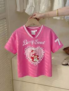 Strawberry Shortcake X SHEIN Young Girl V-Neck Short Sleeve Casual Versatile T-Shirt, - Pink - View 3