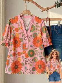 Rusticease Plus Size Women's Pink Floral V-Neck Ruched Summer Boho Vacation Holiday Blouse,Loose Fit Vintage Country Short Sleeve Daily Wear Tops - Coral Pink - View 3