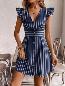 SHEIN Frenchy V领短袖A字型纽扣装饰女式连衣裙 - 彩色 - 查看 4