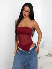 SHEIN PETITE Áo liền thân nữ màu trơn phối lưới, gợi cảm, không tay, ôm sát cơ thể. - Màu Đỏ Sâu - Xem 1