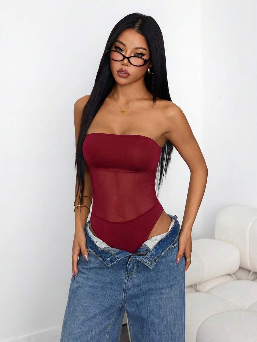 SHEIN PETITE Áo liền thân nữ màu trơn phối lưới, gợi cảm, không tay, ôm sát cơ thể. - Màu Đỏ Sâu - Xem 1