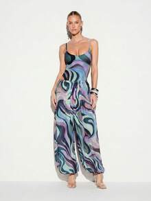 KIZN Beach Cover Up Swirl Print Wide Leg Balloon Trousers Vacation Resort Swimwear Cover Up Pants Summer Beachwear Boho Style - Multicolor - View 3